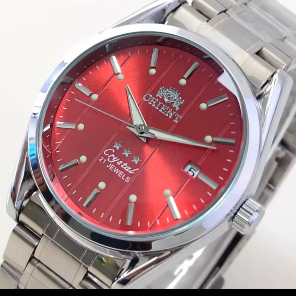 New Orient Silver Automatic Mechanical Watch with Red Dial